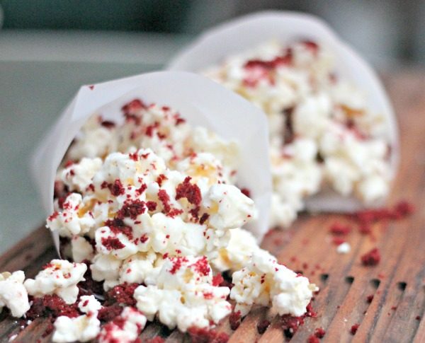 Red Velvet Popcorn & Hot TruMoo Chocolate Marshmallow Milk for family movie night treats