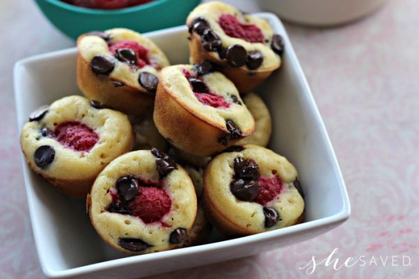 Raspberry Dark Chocolate Mini Pancake Muffins Recipe from She Saved