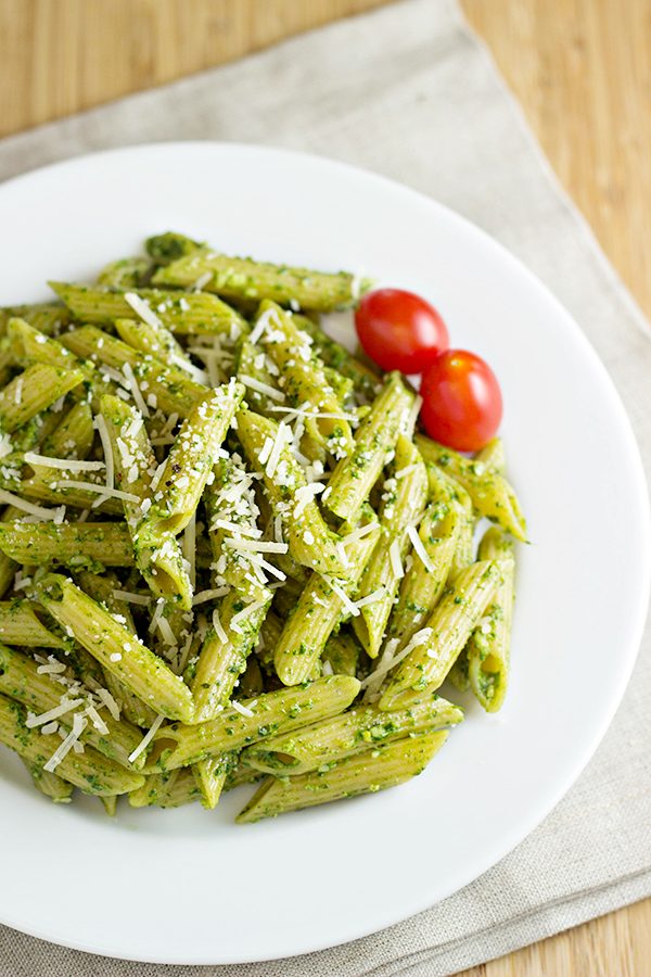 Pasta with Spinach Basil Pesto Recipe from Home Cooking Memories