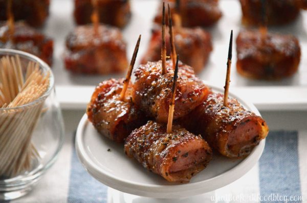 Bacon Wrapped Kielbasa Bites from What the Fork